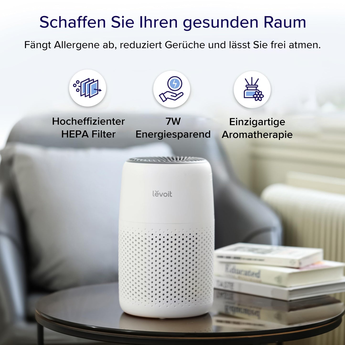 👉 Luftreiniger mit Aromatherapie – HEPA-Filter gegen Staub, Schimmel & Tierhaare bis 0,3 µm, energiesparend (7W), 3 Geschwindigkeiten, ideal fürs Schlafzimmer, Weiß