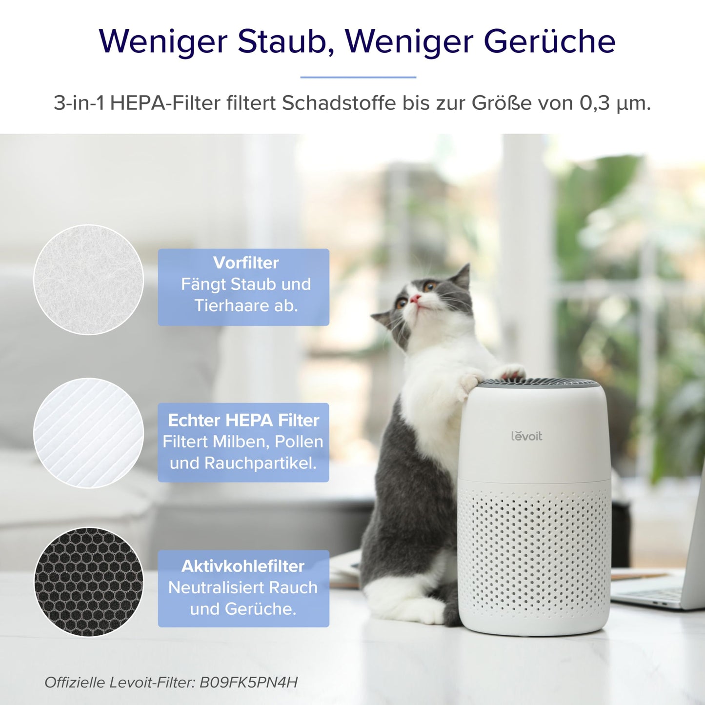 👉 Luftreiniger mit Aromatherapie – HEPA-Filter gegen Staub, Schimmel & Tierhaare bis 0,3 µm, energiesparend (7W), 3 Geschwindigkeiten, ideal fürs Schlafzimmer, Weiß