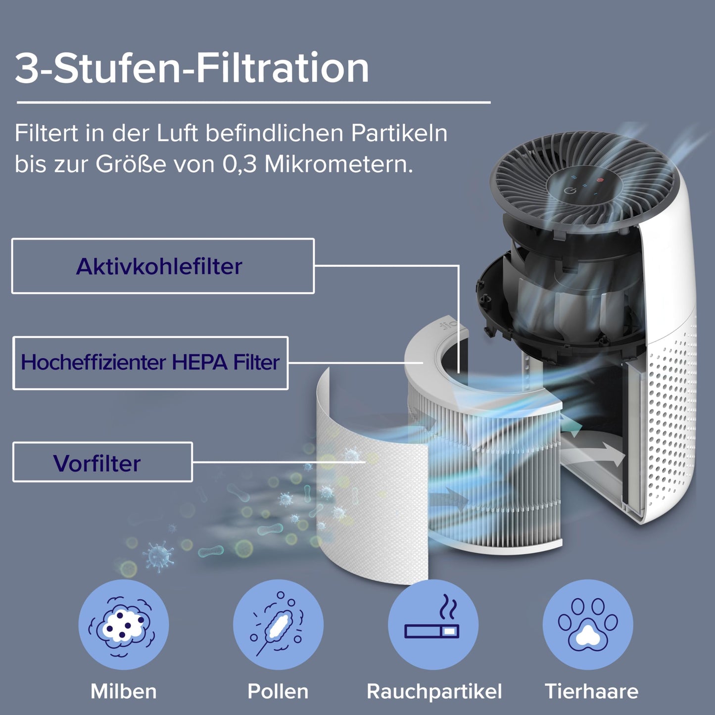 👉 Luftreiniger mit Aromatherapie – HEPA-Filter gegen Staub, Schimmel & Tierhaare bis 0,3 µm, energiesparend (7W), 3 Geschwindigkeiten, ideal fürs Schlafzimmer, Weiß
